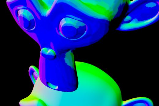 A monkey mesh showing encoded normal colors in VertexPack.