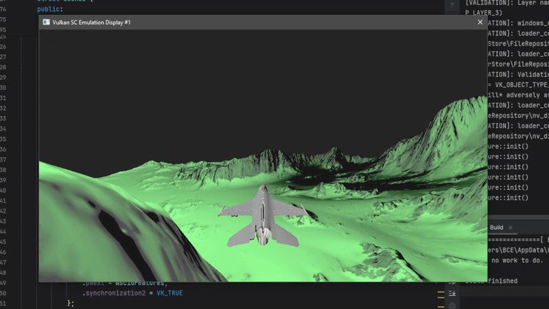 An aircraft above green terrain in the VuMakeSC renderer.